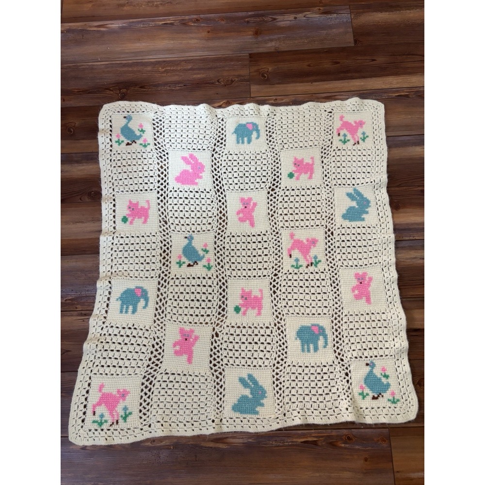 Crochet Baby Blanket Afghan Throw Yellow Blocks‎ Squares Animals Handmade vtg